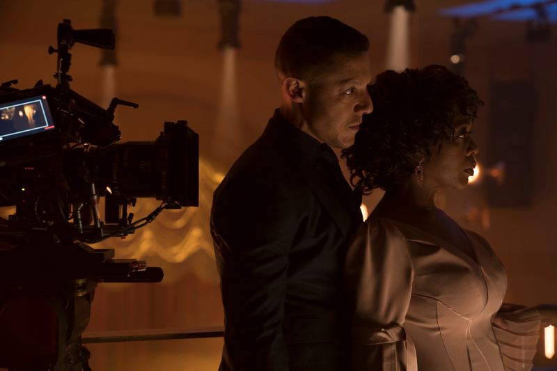 Theo Rossi and Alfre Woodard on the set of Luke Cage.